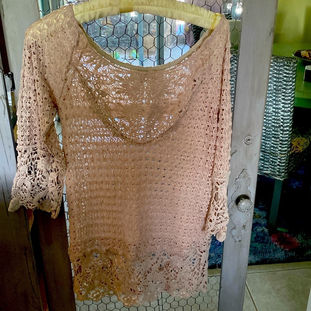 Umgee Crochet Neutral Boho Top Size Medium